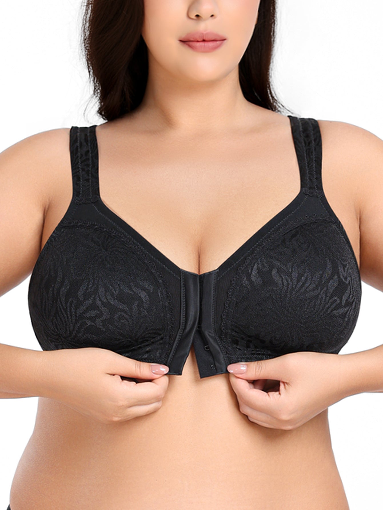 Deyllo Women Plus Size Front Closure Bras High Support Minimizer Bras Full Coverage Wireless Bras Non Padded Soft Comfort Black Bra