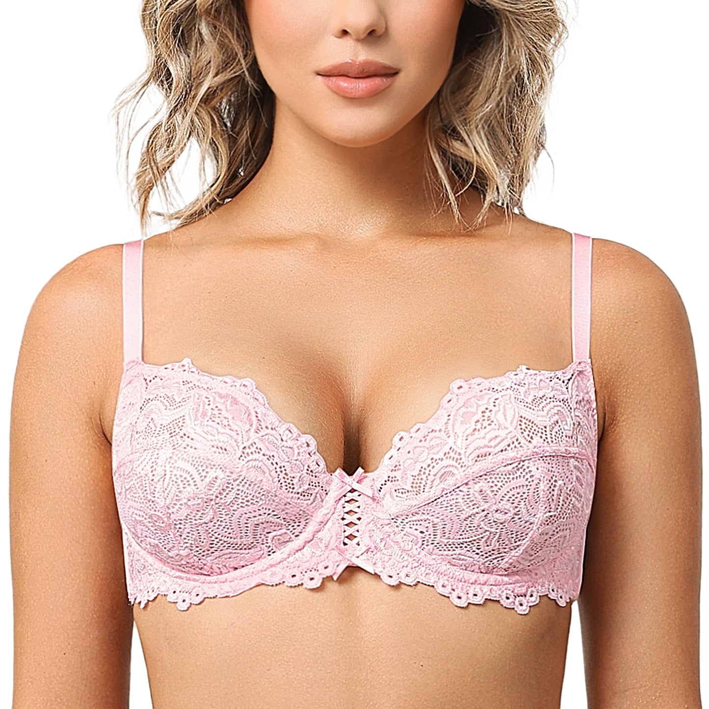 Deyllo Women's Sheer Lace Mesh Bra, Unlined Full Cup, Light Pink