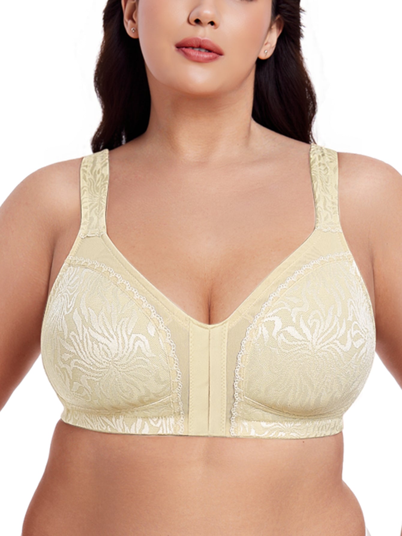 Deyllo Women Plus Size Bras Front Closure Minimizer Bras Posture Back Wireless Non Padded Soft Comfort Light Beige Bras
