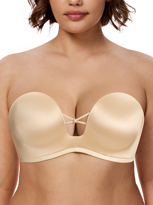 Deyllo Women Seamless Strapless Bra Push Up Lift Support Bras Beige T-Shirt Lace Underwire Bras