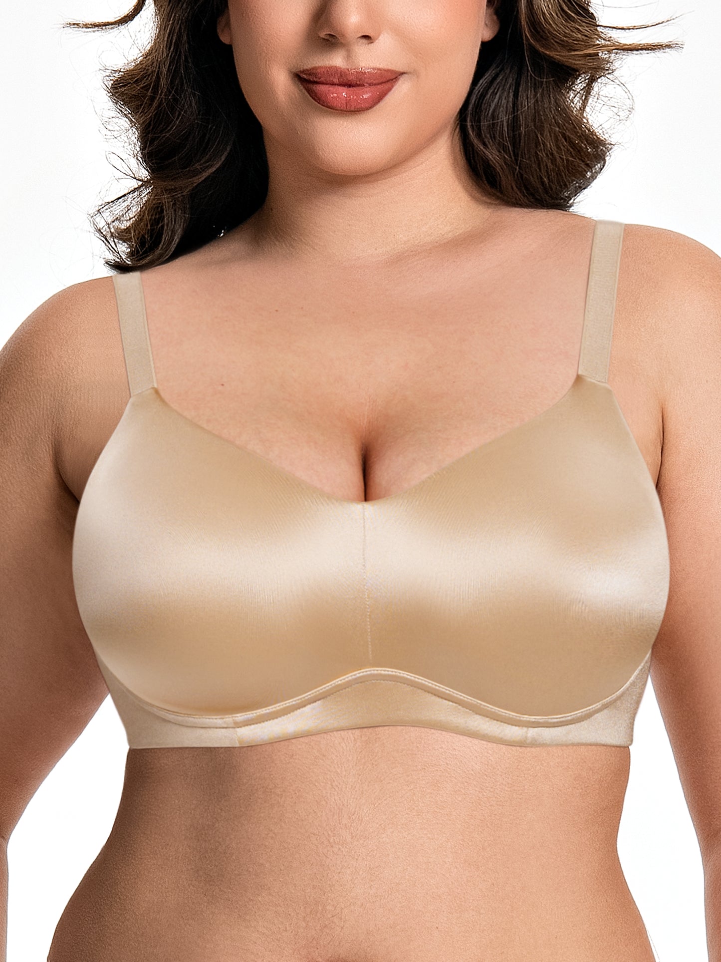 Deyllo Women Seamless Wireless Minimizer Bras Breathable Unlined Bralette Beige V Neck Full Coverage T-Shirt Bra