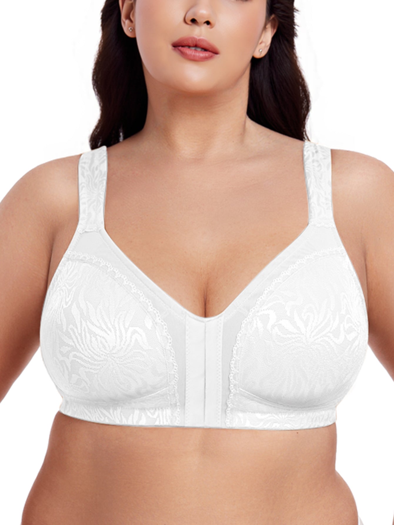 Deyllo Women Plus Size Wireless Bras Front Closure Minimizer Bras Full Coverage Unlined White Bras