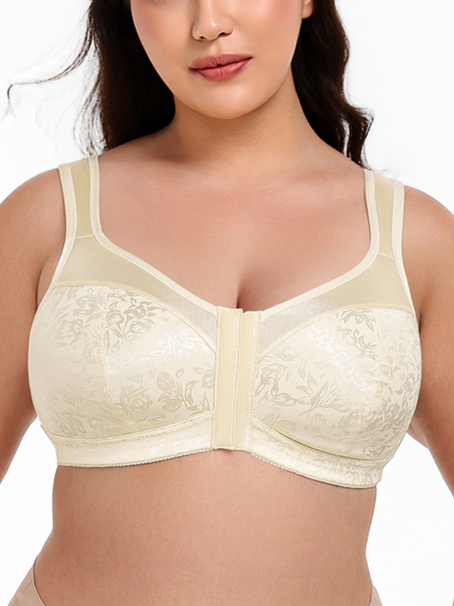 Deyllo Women Front Closure Bras Plus Size Minimizer Bras Full Coverage High Support Wireless Light Beige Bras