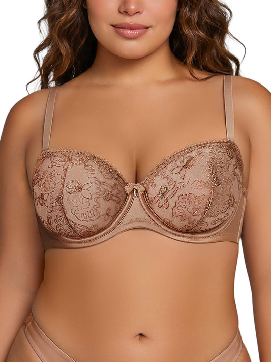 Deyllo Women Lace Push Up Bras Sheer See-Through Bralette Bra Unlined Underwire Support Brown Bras