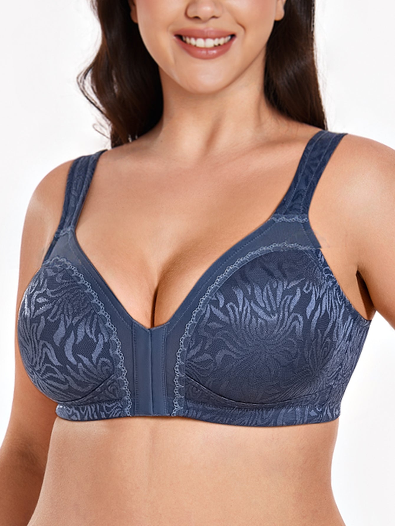Deyllo Women Front Closure Minimizer Bras Plus Size Wireless Bras Posture Back Non Padded Comfort Everydaywear Blue Bras