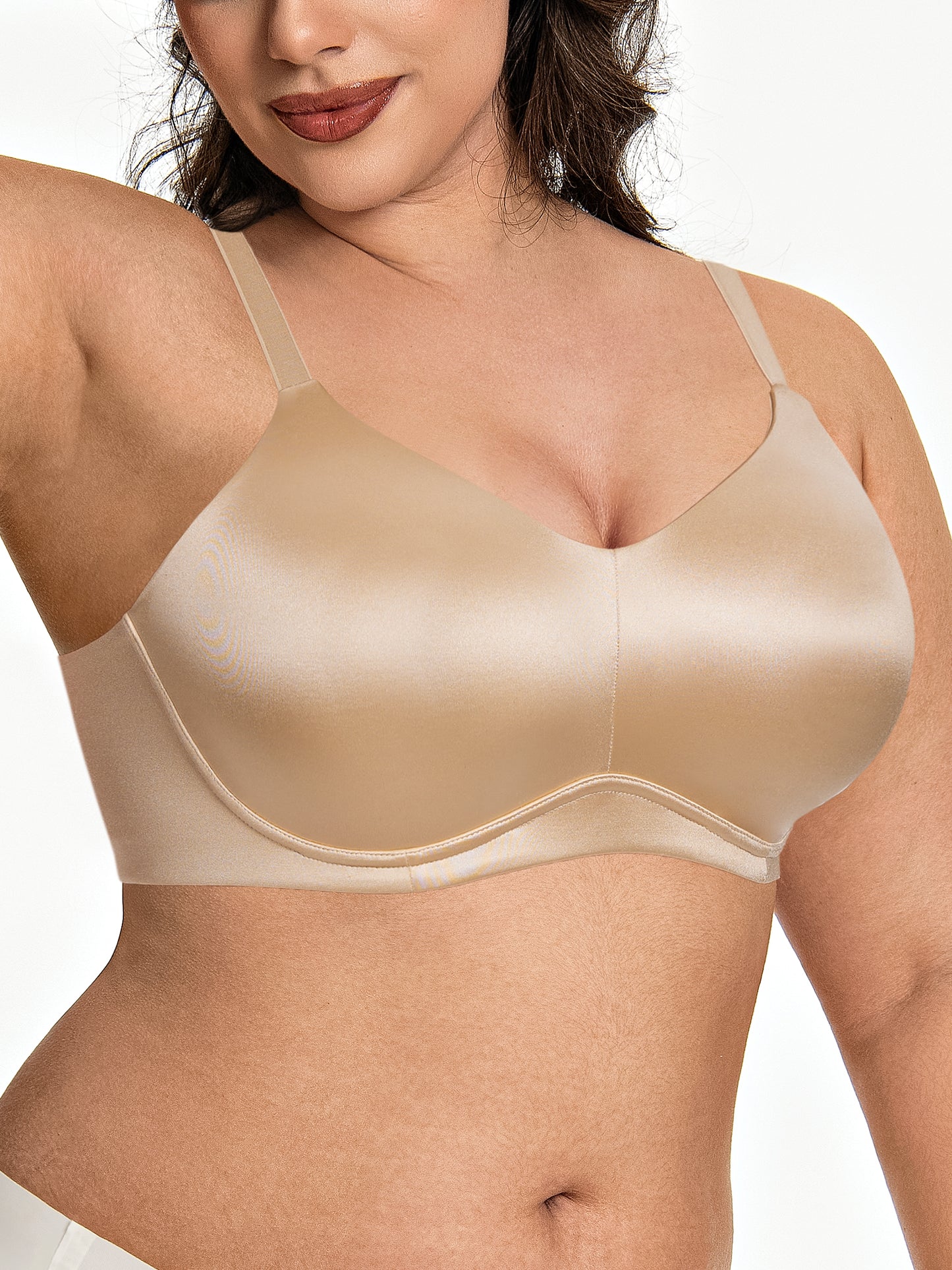 Deyllo Women Seamless Wireless Minimizer Bras Breathable Unlined Bralette Beige V Neck Full Coverage T-Shirt Bra