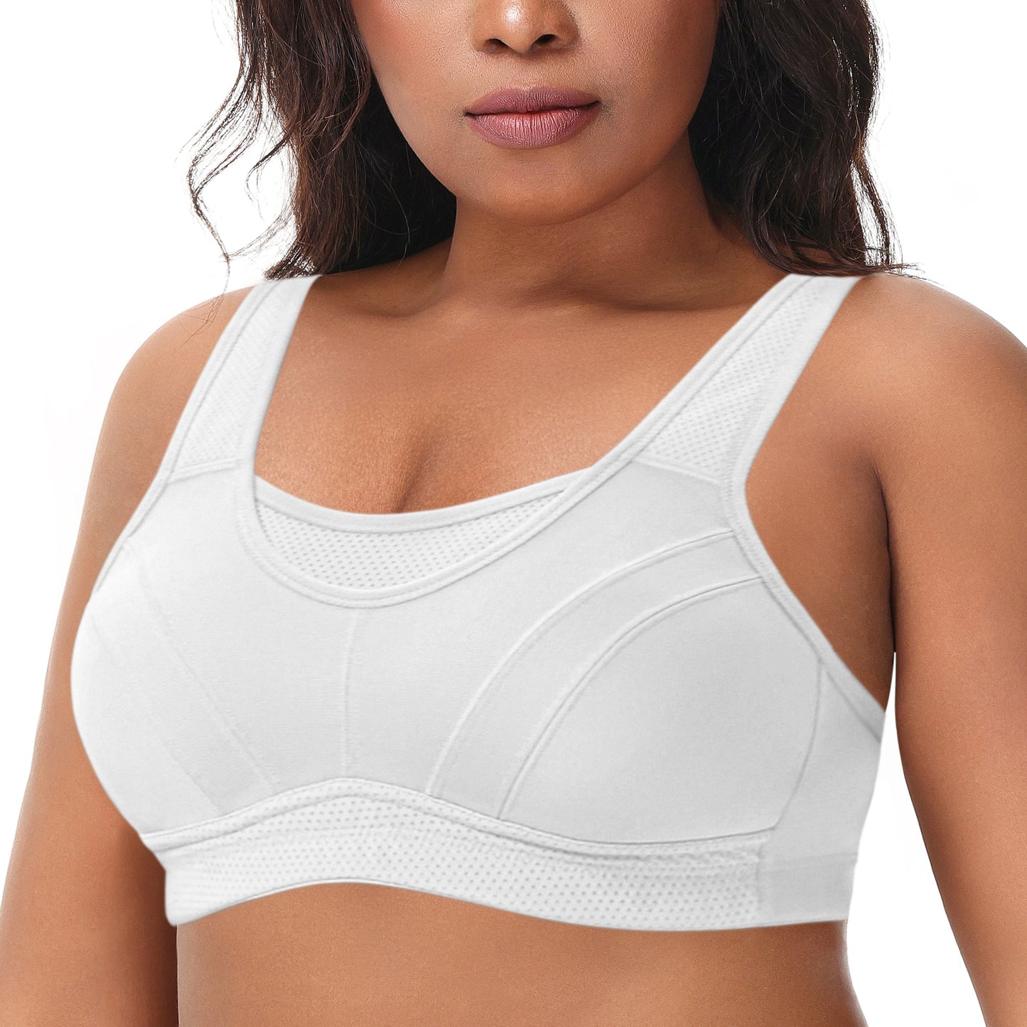 Deyllo Women's Plus Size Sports Bra, High Impact Full Support, Non-Padded Wireless Workout Running White Bra