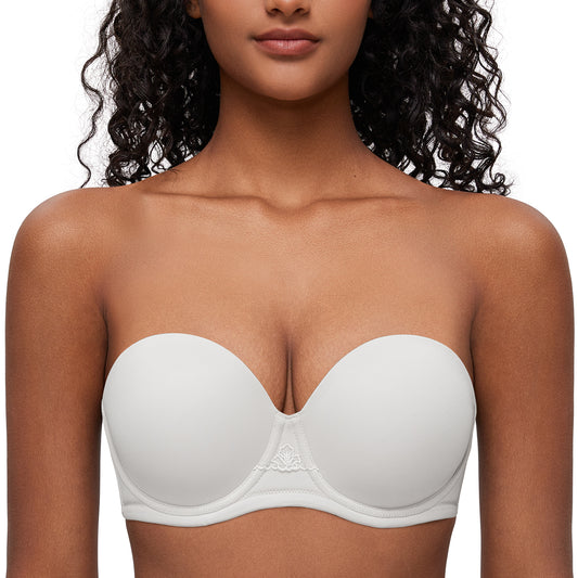 Deyllo Women White Strapless Bras Full Cup Push Up Underwire Support Padded Bra