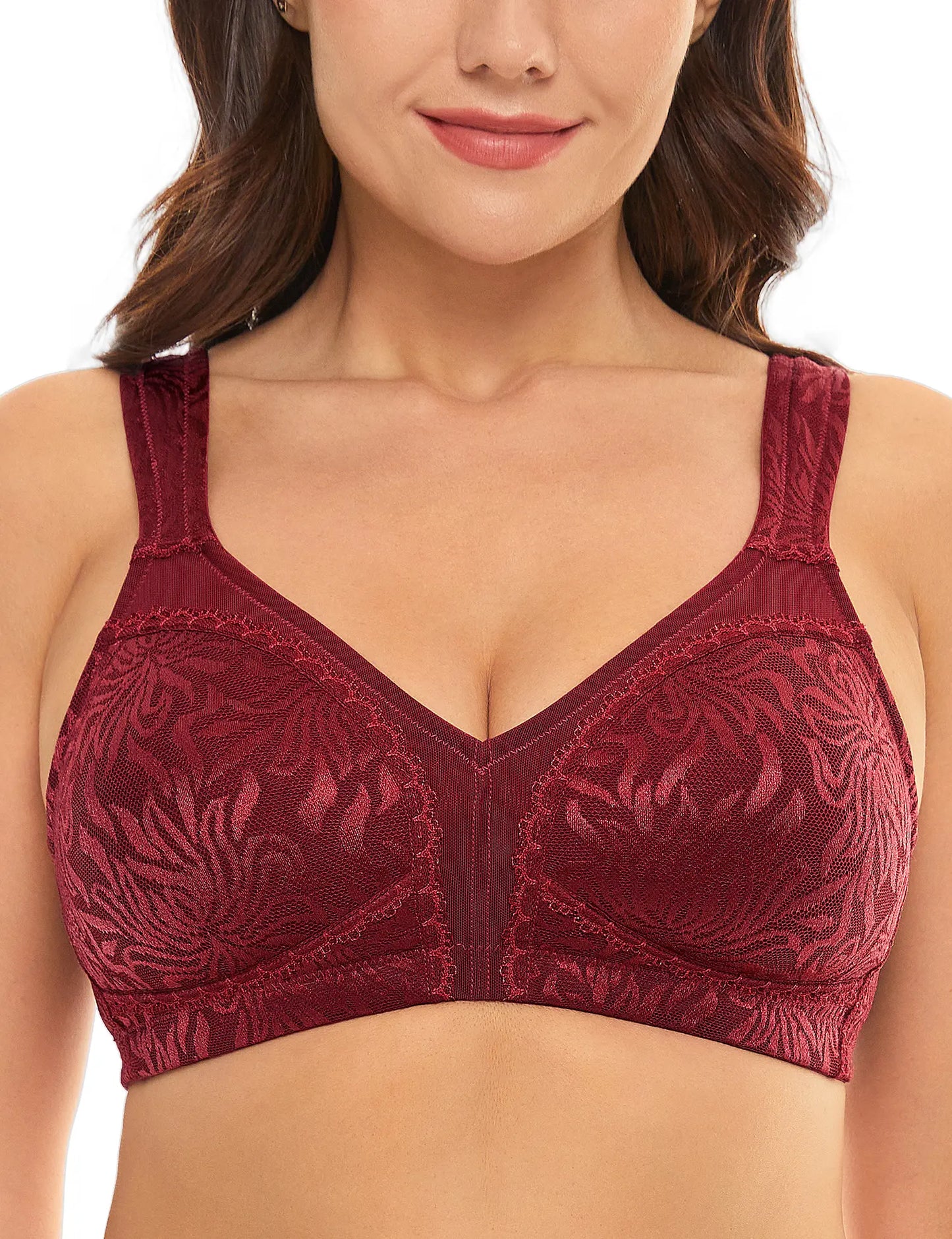 Wingslove Women's Full Coverage Plus Size Bra Non Padded Wireless Minimizer Bra, Wine Red