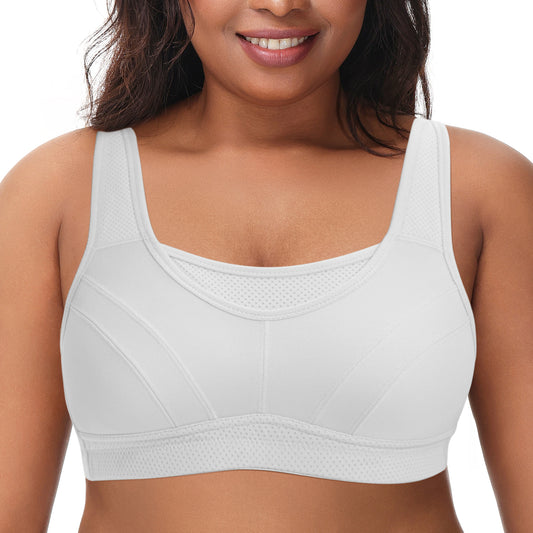 Deyllo Women's Plus Size Sports Bra, High Impact Full Support, Non-Padded Wireless Workout Running White Bra