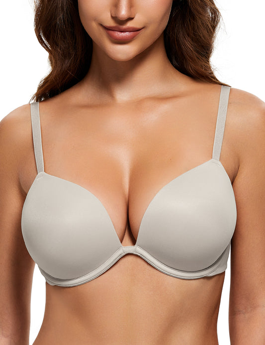 Wingslove Womens Push-up Bra Deep V Plunge Underwire T-Shirt Bra, Elephant Grey