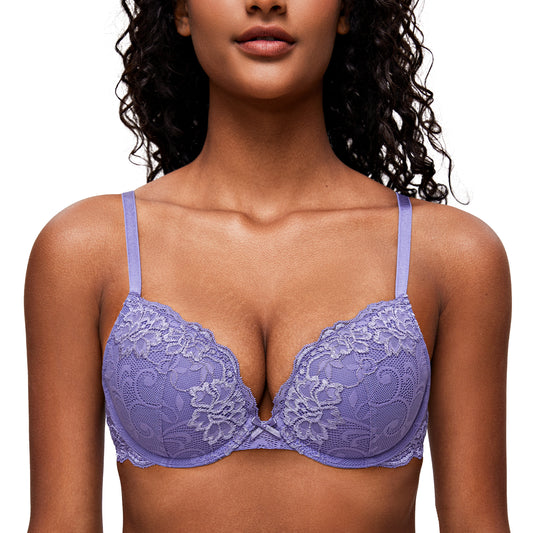 Deyllo Women's Lace Push Up Bra Plus Size Plunge Padded Underwire Add Cups Lift Up Bra,Light Purple