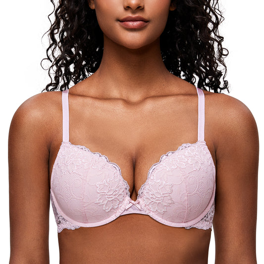 Deyllo Women's Lace Push Up Bra Plus Size Plunge Padded Underwire Add Cups Lift Up Bra,Light Pink