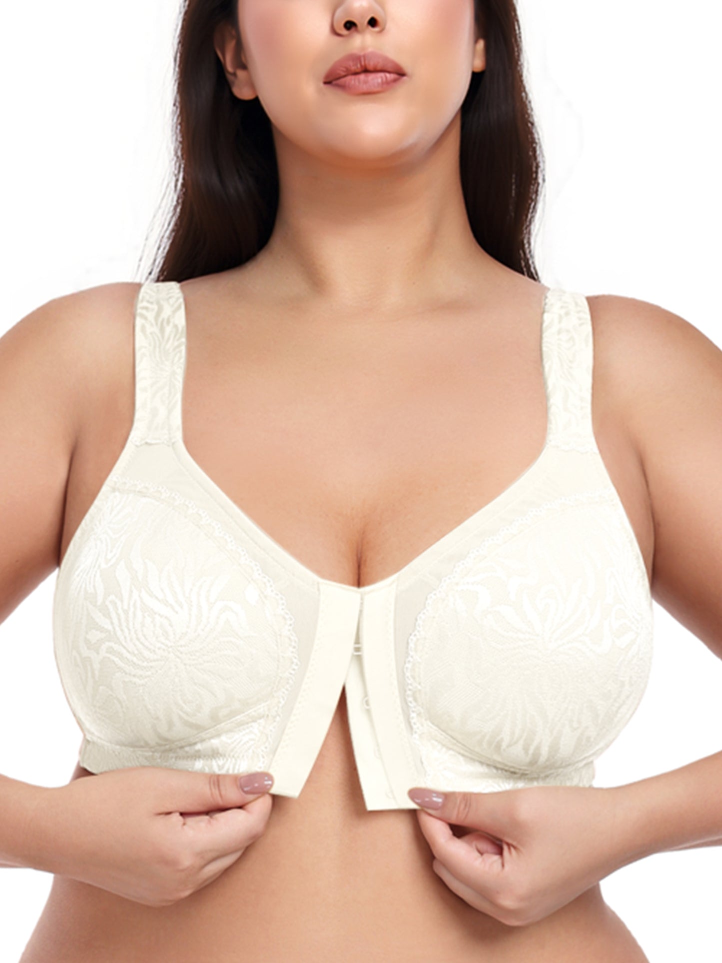 Deyllo Women Front Closure Full Coverage Bras Plus Size Minimizer Bras Wireless Non Padded Ivory Bras