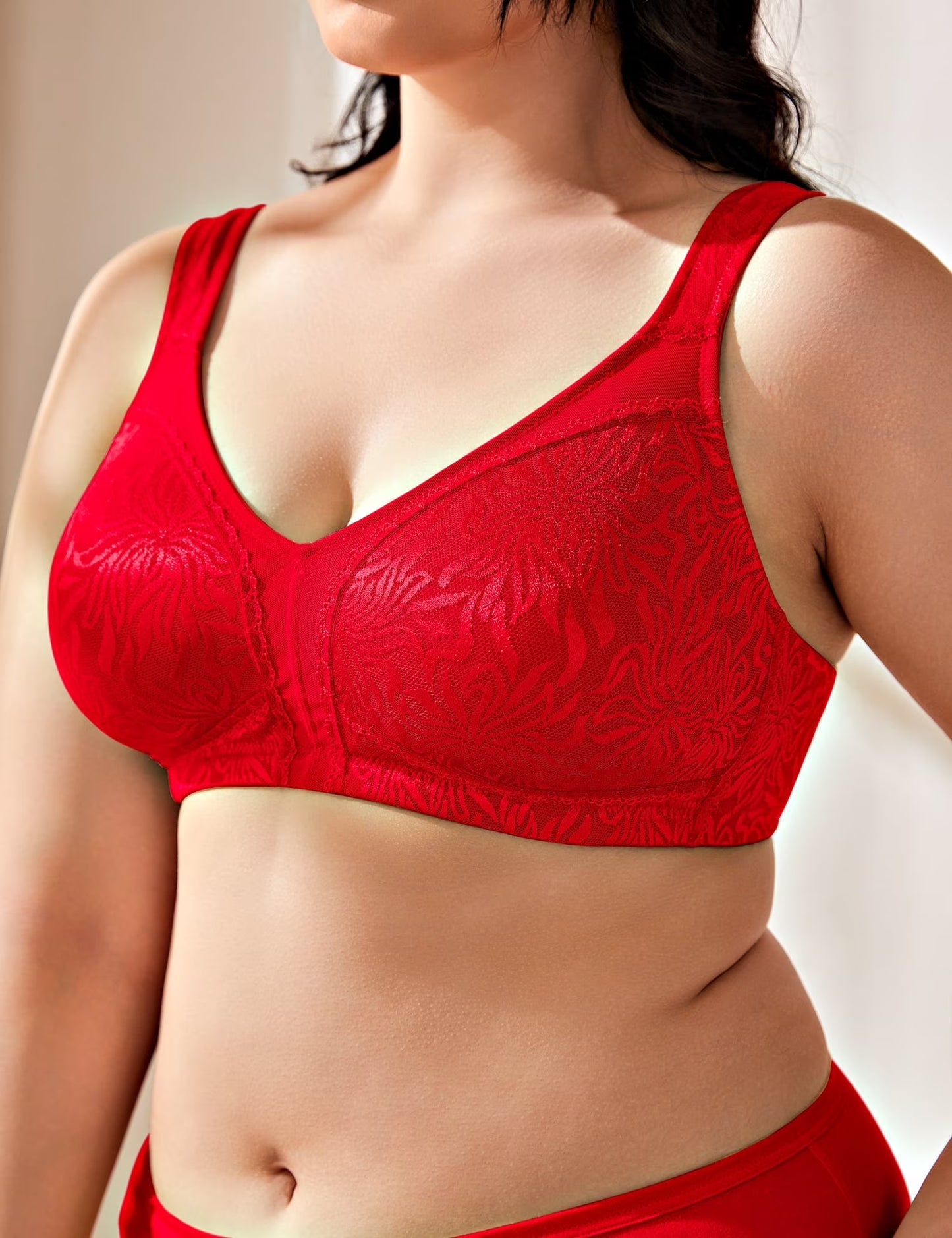 Wingslove Women's Full Coverage Plus Size Bra Non Padded Wireless Minimizer Bra, Lava Red