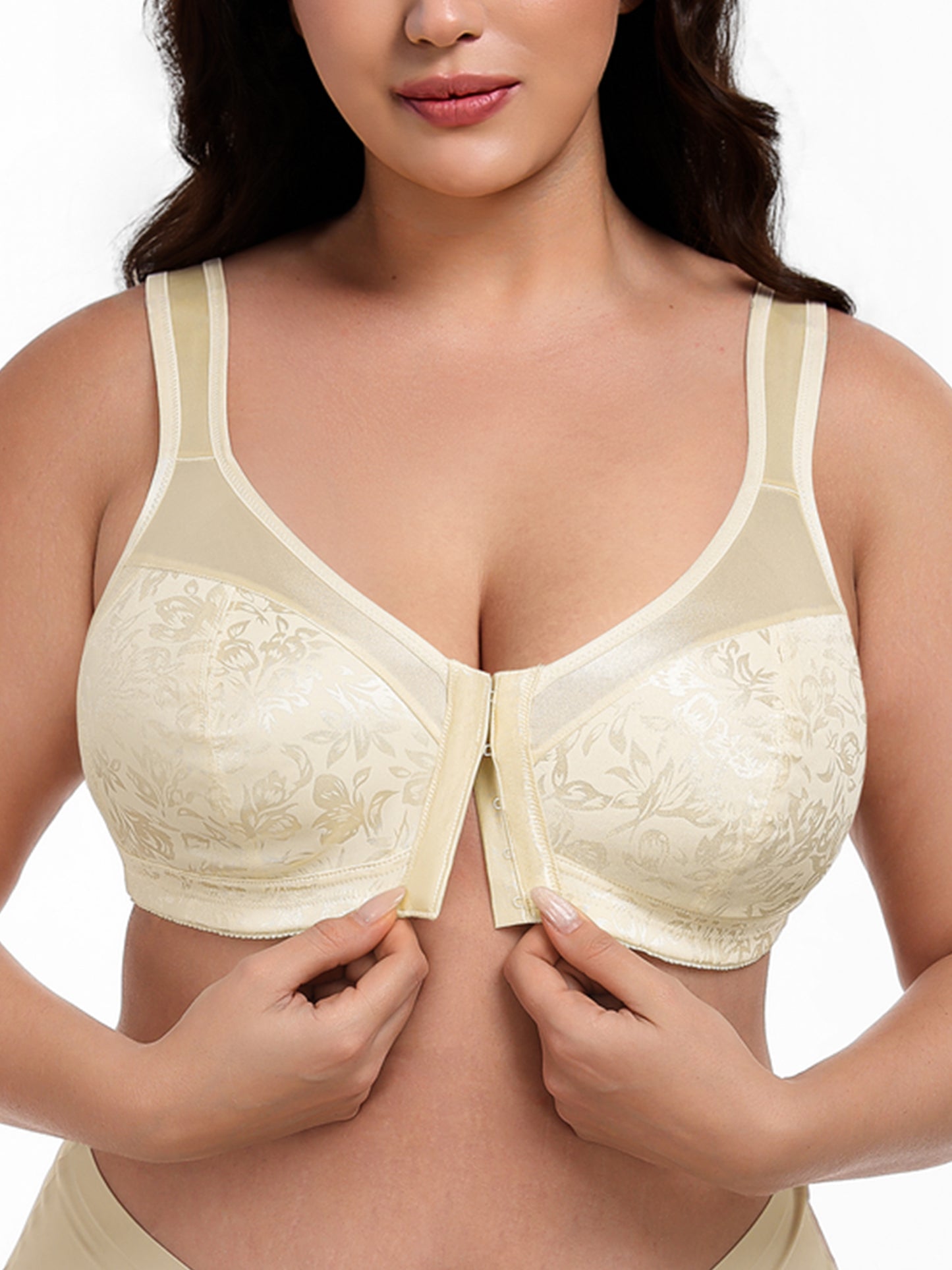 Deyllo Women Front Closure Bras Plus Size Minimizer Bras Full Coverage High Support Wireless Light Beige Bras