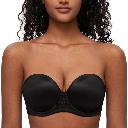 Deyllo Women Black Strapless Bras Full Cup Push Up Underwire Support Padded Bra