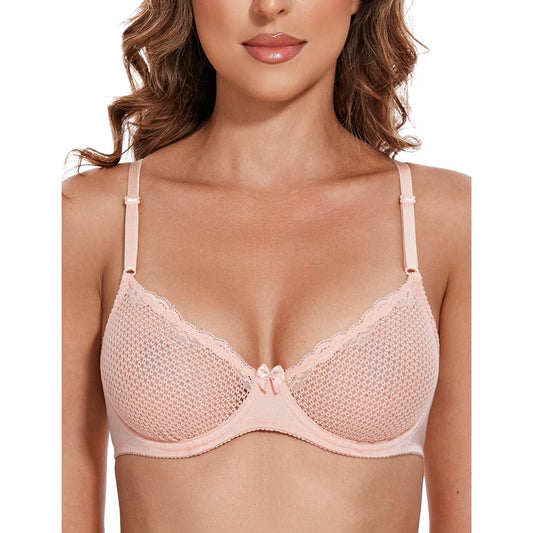 Wingslove Women's Sexy 1/2 Cup Lace Bra Balconette Mesh Underwired Demi Shelf Bra Unlined See Through Bralette,Pink Nude