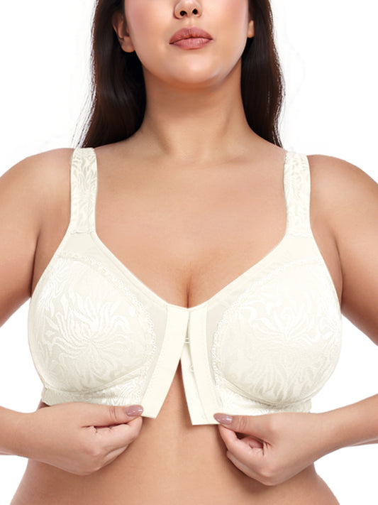 Deyllo Women Front Closure Full Coverage Bras Plus Size Minimizer Bras Wireless Non Padded Ivory Bras