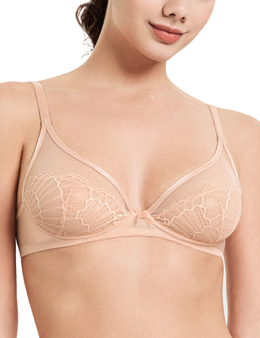 Deyllo Women Sheer Mesh See-Through Bra Unpadded Underwire Support Bras Push Up Unlined Comfort Beige Underwear Bras