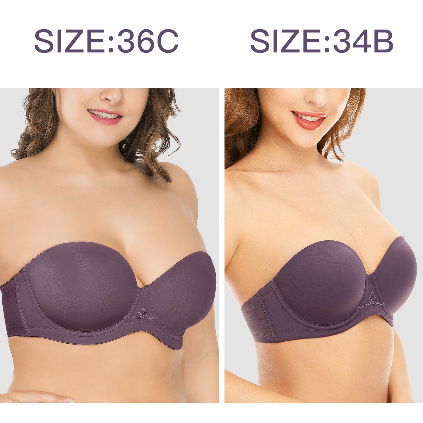  Deyllo Women's Push Up Strapless Bras Full Cup Plus Size Underwire Support Padded Bra Purple Bras