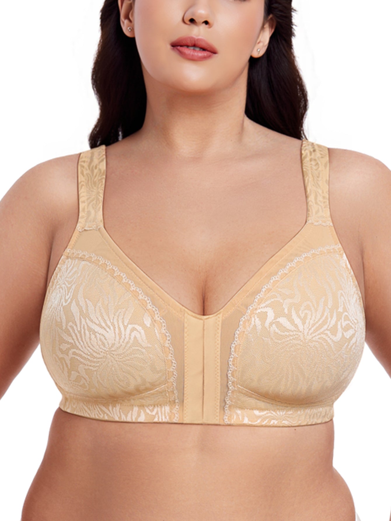 Deyllo Women Front Closure Wireless Bras Plus Size Minimizer Bras Full Coverage Non Padded Dark Beige Bras