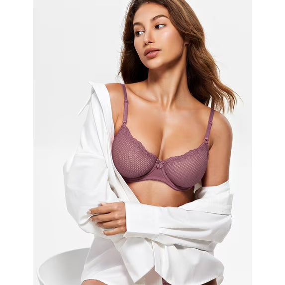 Wingslove Women's Sexy 1/2 Cup Lace Bra Balconette Mesh Underwired Demi Shelf Bra Unlined See Through Bralette,Brownish Purple