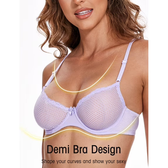 Wingslove Women's Sexy 1/2 Cup Lace Bra Balconette Mesh Underwired Demi Shelf Bra Unlined See Through Bralette,Light Purple