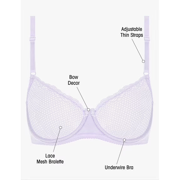 Wingslove Women's Sexy 1/2 Cup Lace Bra Balconette Mesh Underwired Demi Shelf Bra Unlined See Through Bralette,Light Purple
