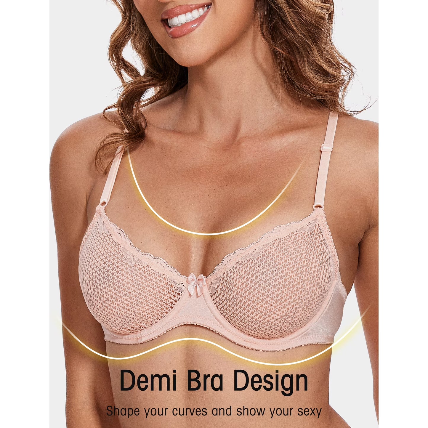 Wingslove Women's Sexy 1/2 Cup Lace Bra Balconette Mesh Underwired Demi Shelf Bra Unlined See Through Bralette,Pink Nude