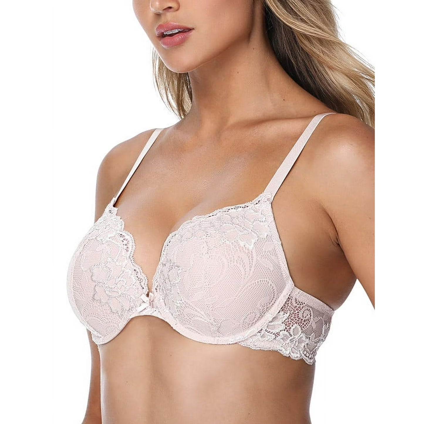 Wingslove Women's Push Up Sexy Lace Padded Plunge Underwire Lift Up Bras Add 1 Cup Boost Brassiere,Sandshell Pink