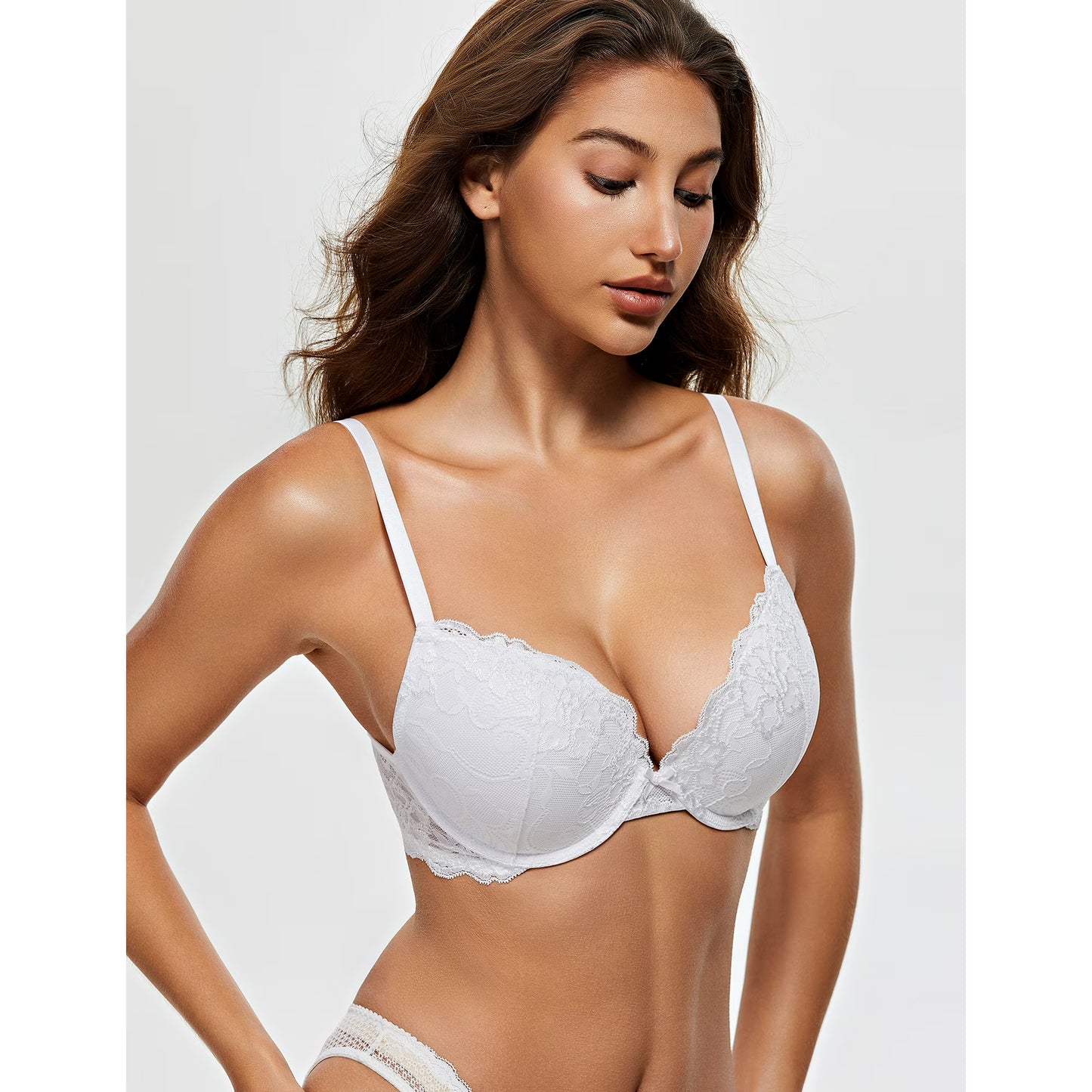 Wingslove Women's Push Up Sexy Lace Padded Plunge Underwire Lift Up Bras Add 1 Cup Boost Brassiere,Ivory