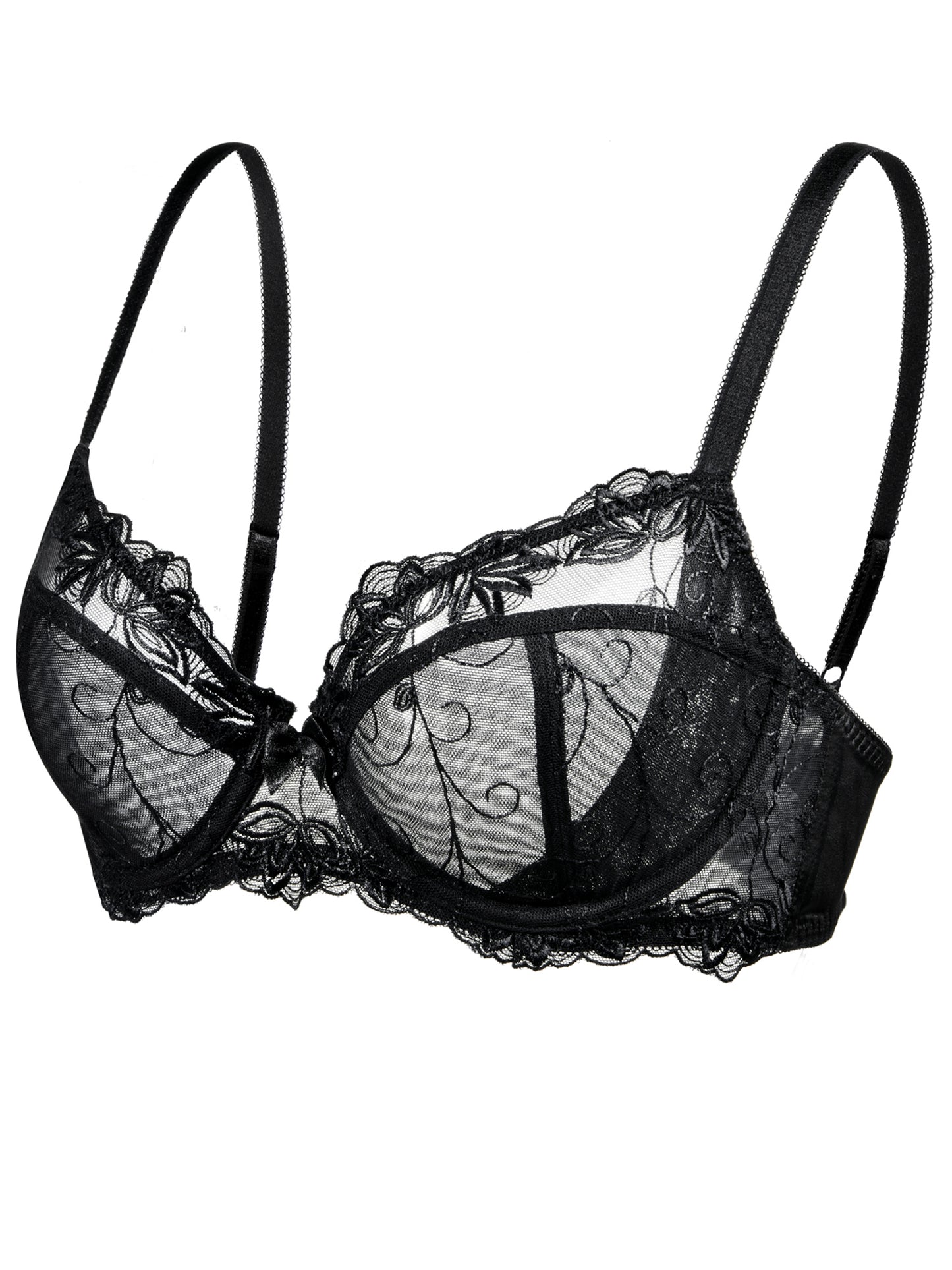 Deyllo Women's Push up Lace Bras Plus Size Unpadded Full Figue Underwire Support Demi See Though Bra,Black
