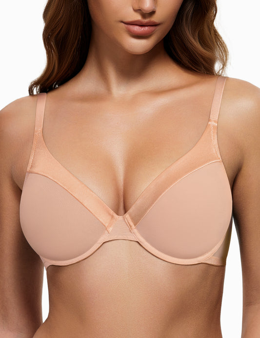 Deyllo Women Lace Demi See Through Bra Mesh Bralette Unlined Underwire Non-Padded Pink Beige Bras