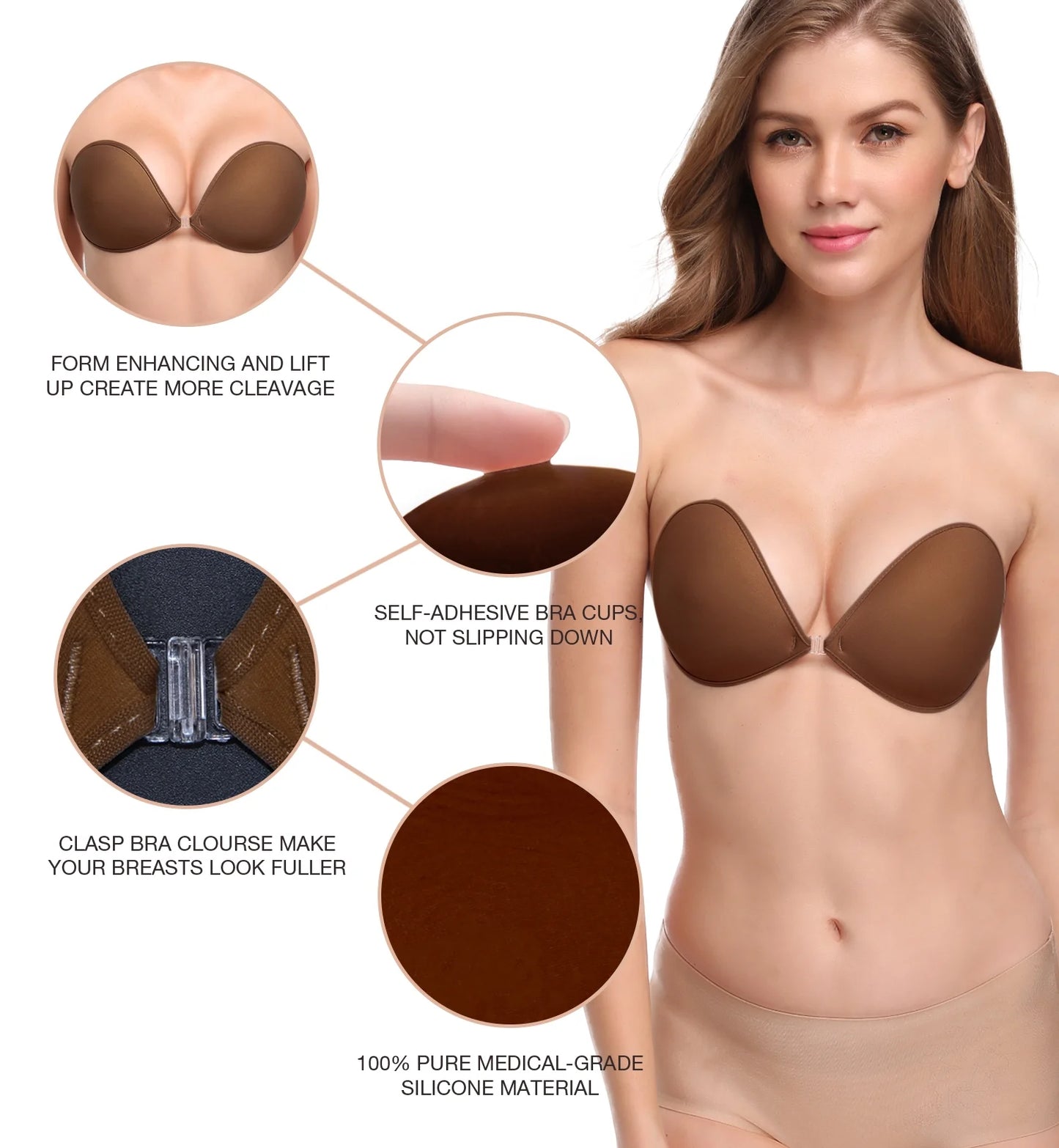 Wingslove Adhesive Bra Reusable Backless Strapless Push-up Silicone Invisible Sticky Bras for Backless Dress,Coffee