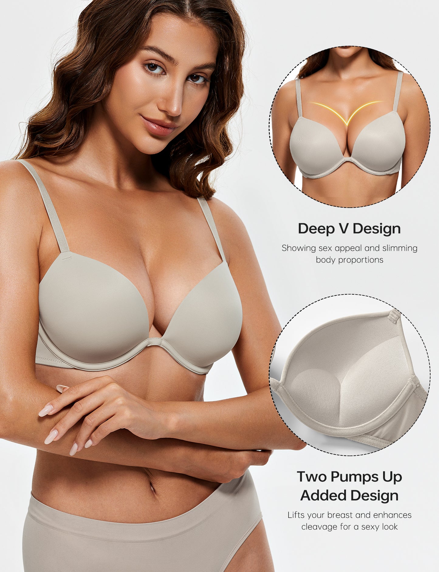 Wingslove Womens Push-up Bra Deep V Plunge Underwire T-Shirt Bra, Elephant Grey