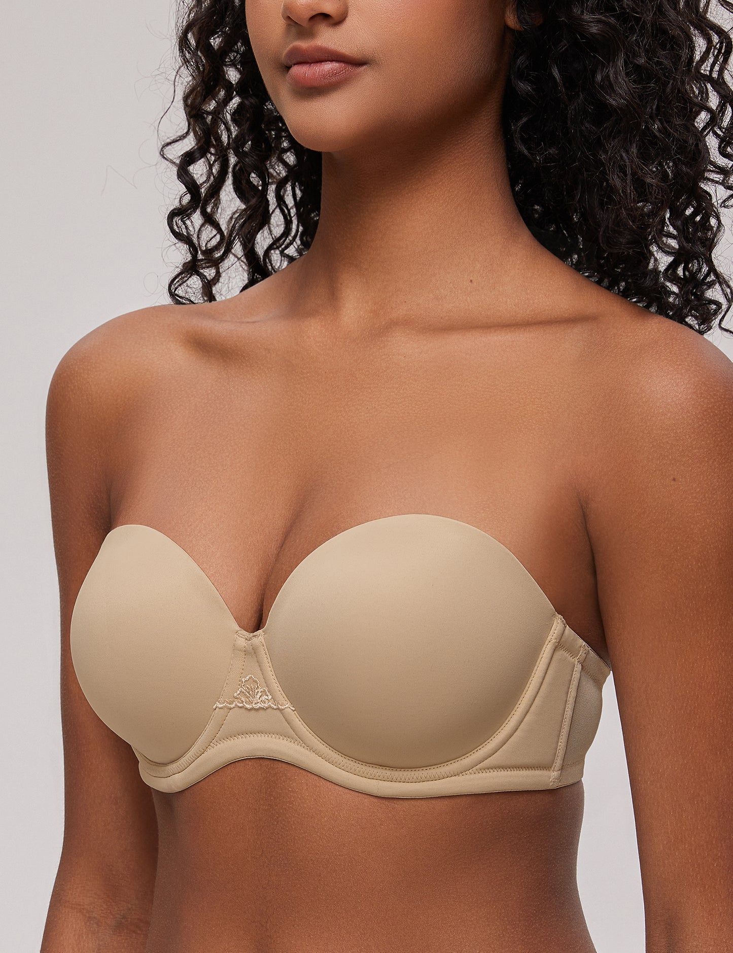 Deyllo Women Beige Strapless Bras Full Cup Push Up Underwire Support Padded Bra