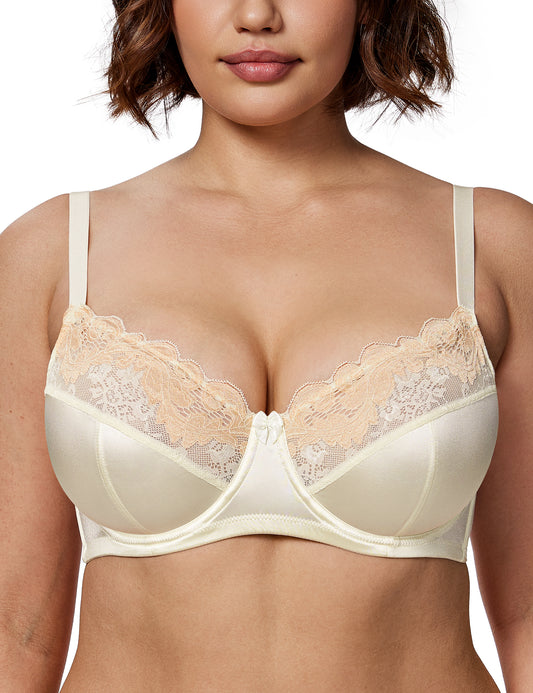 Deyllo Women Minimizers Bra Plus Size Full Coverage Lace Underwire Bras No Padding Soft Cups Ivory Bralette Bra