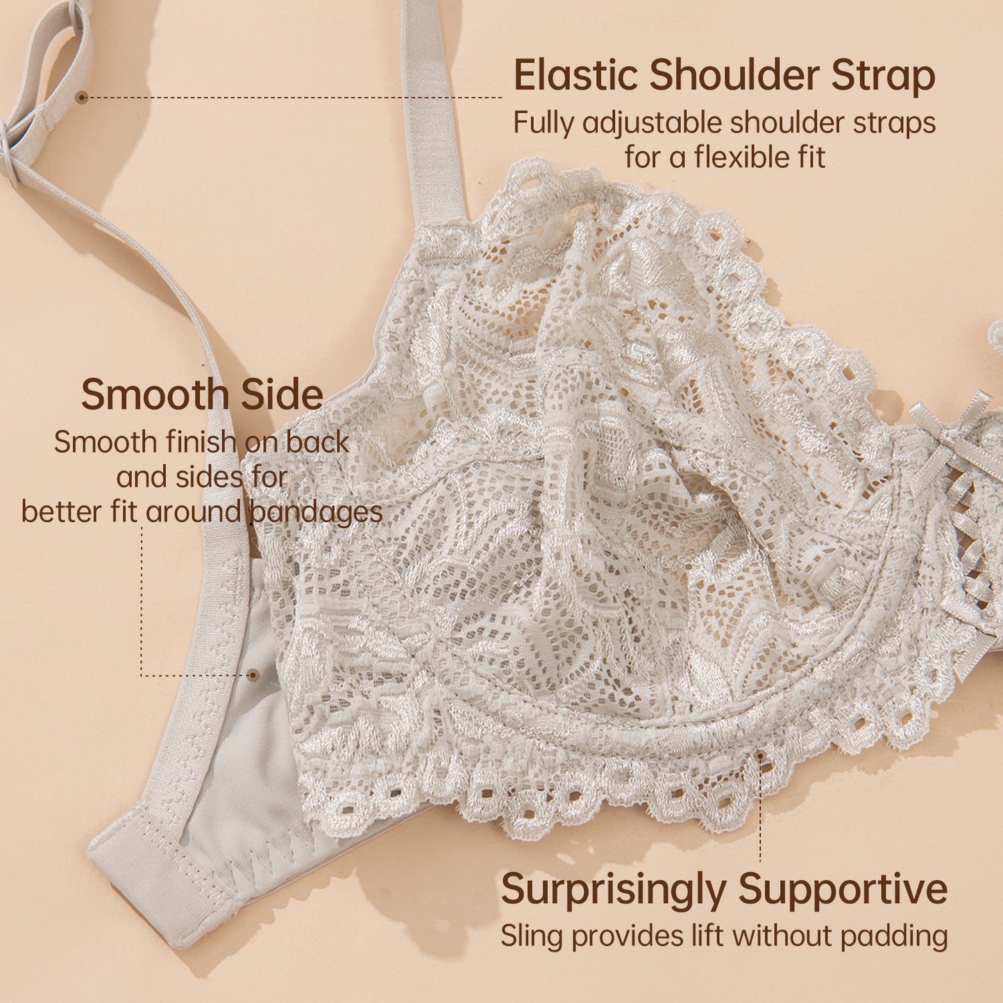 Wingslove Women’s Sexy Lace Bra Underwire Non Padded Full Coverage Unlined Plus Size Bralette,Elephant Gray