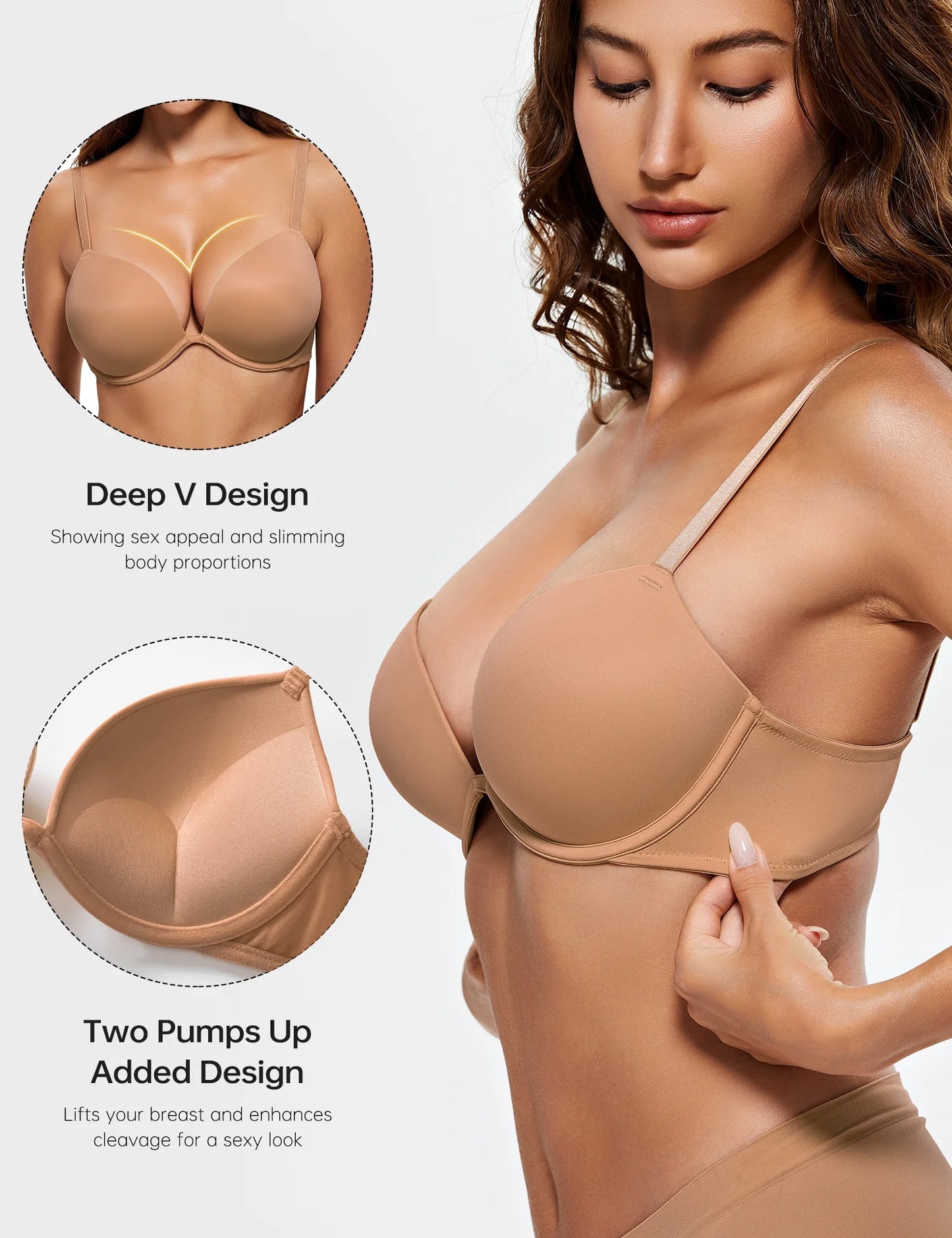 Wingslove Womens Push-up Bra Deep V Plunge Underwire T-Shirt Bra, Coffee