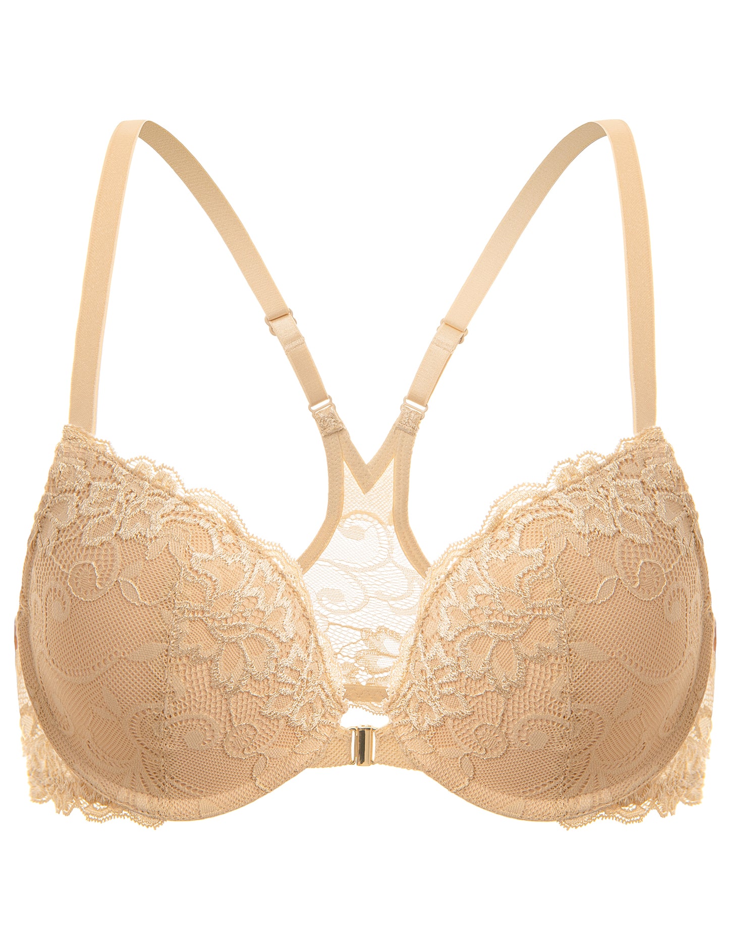 Deyllo Women's Lace Front Clourse Push Up Bra Padded Plunge Underwire Racerback Bra, Beige