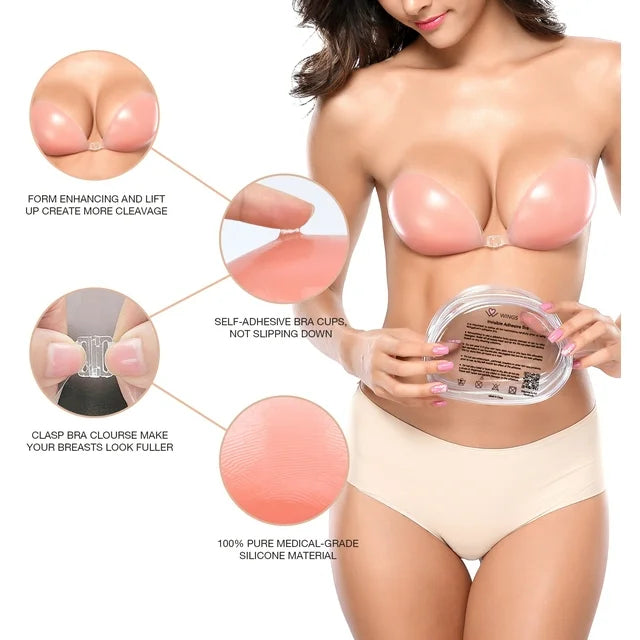 Wingslove Women's Adhesive Bra Reusable Strapless Self Silicone Push-up Invisible Sticky Bras for Backless Dress, Pink