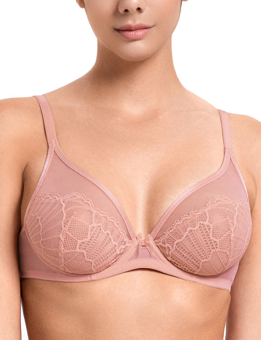 Deyllo Women Sexy Lace See-Through Bra Push Up Unlined Bras Underwire Support Non Padded Pink Underwear Bras