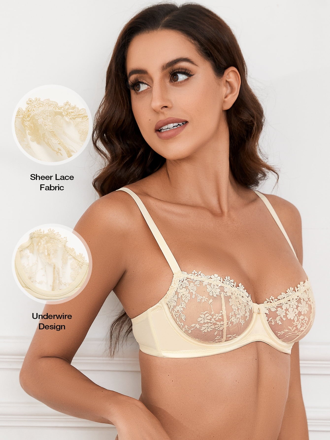 Wingslove Women's Sexy Lace Sheer Bra Demi Mesh Balconette See Through Unlined Underwire with Silicone Nipple,Nude