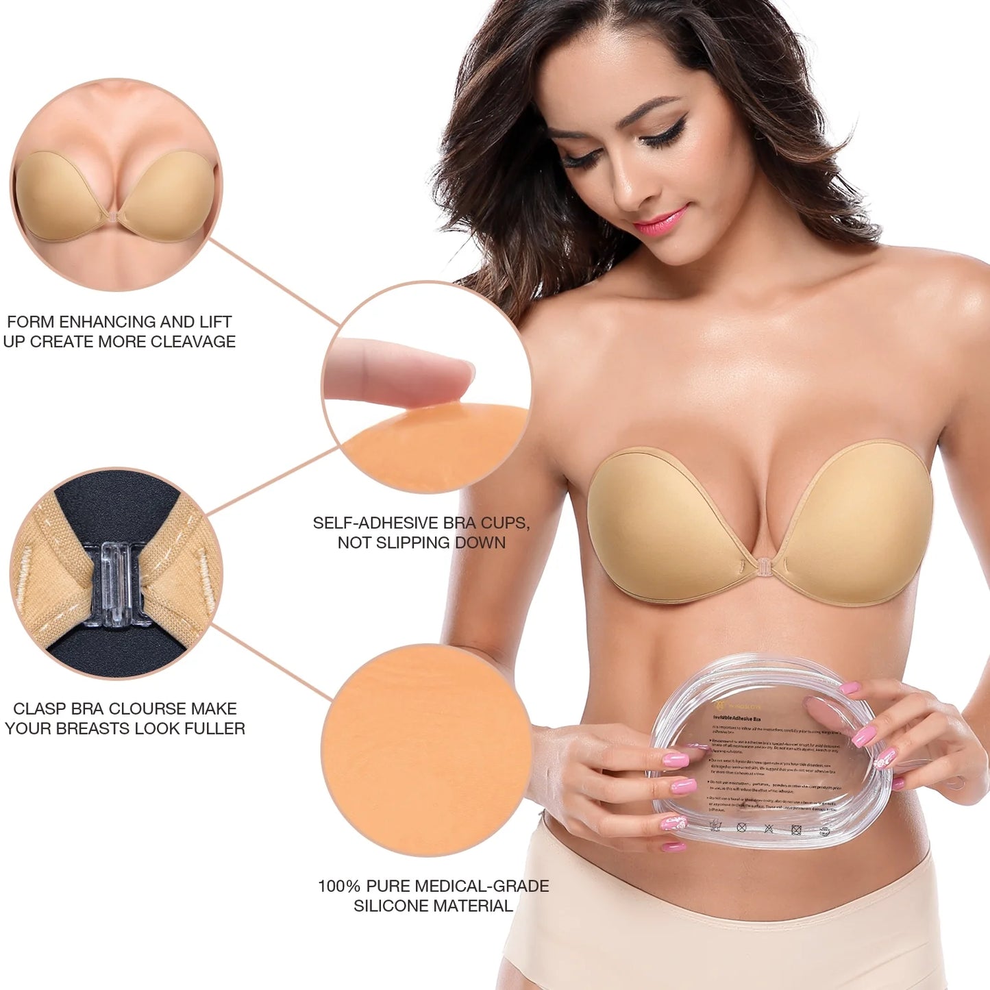 Wingslove Adhesive Bra Reusable Backless Strapless Push-up Silicone Invisible Sticky Bras for Backless Dress,Beige