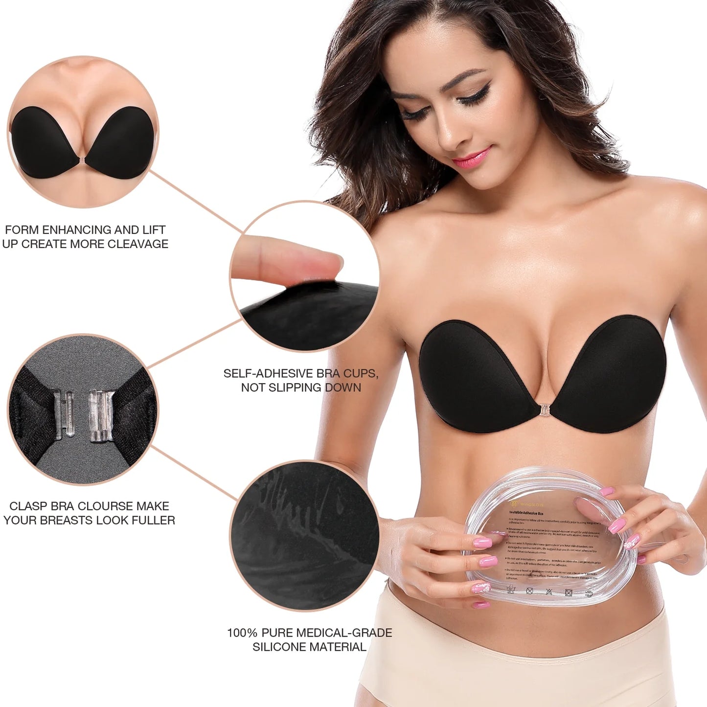 Wingslove Adhesive Bra Reusable Backless Strapless Push-up Silicone Invisible Sticky Bras for Backless Dress,Black