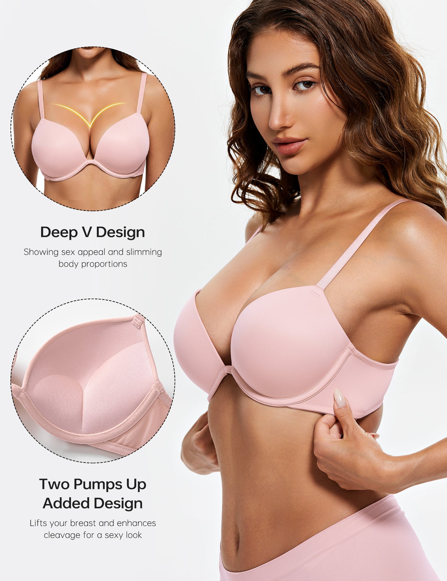 Wingslove Womens Push-up Bra Deep V Plunge Underwire T-Shirt Bra, Light Pink