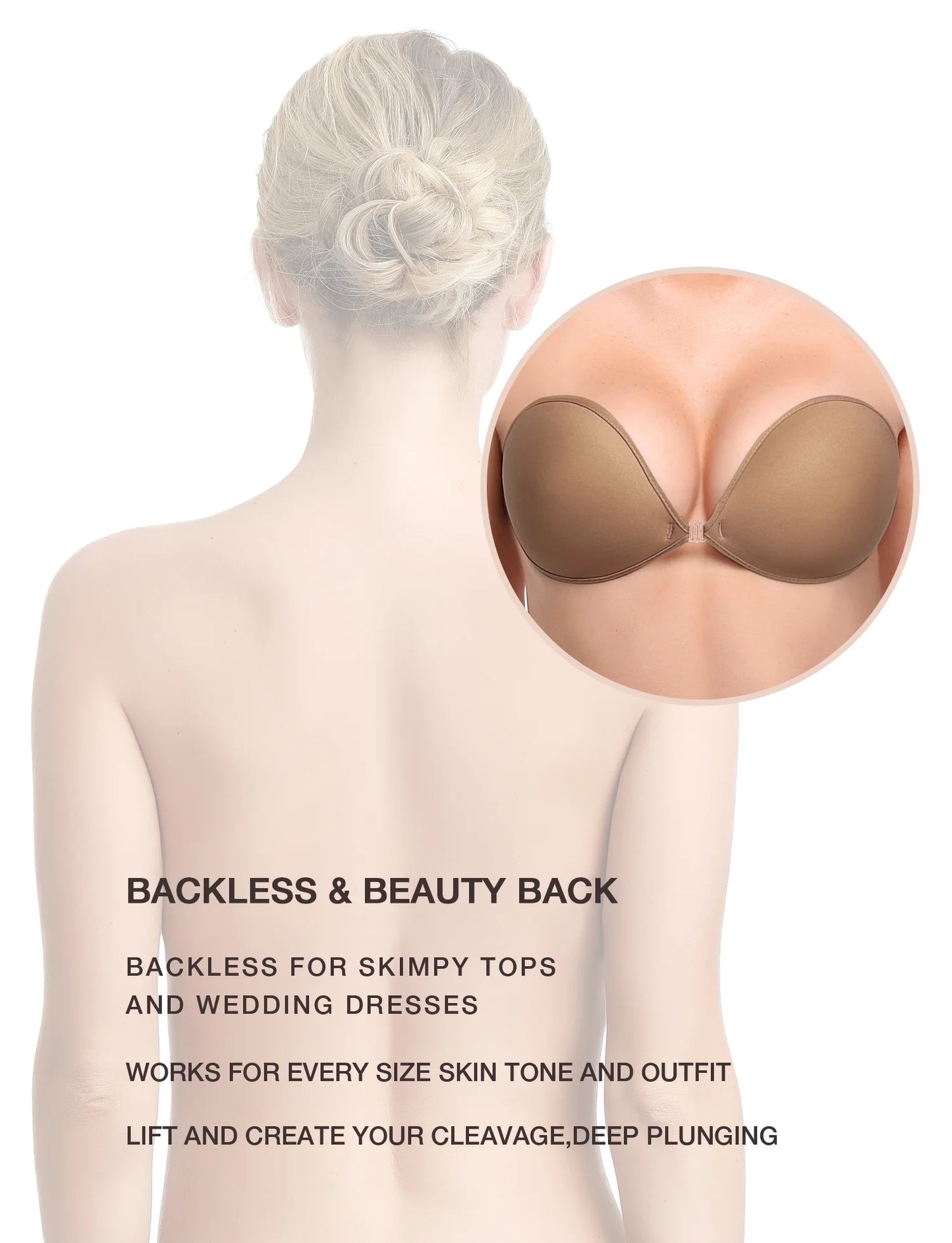 Wingslove Adhesive Bra Reusable Backless Strapless Push-up Silicone Invisible Sticky Bras for Backless Dress,Milk Coffee