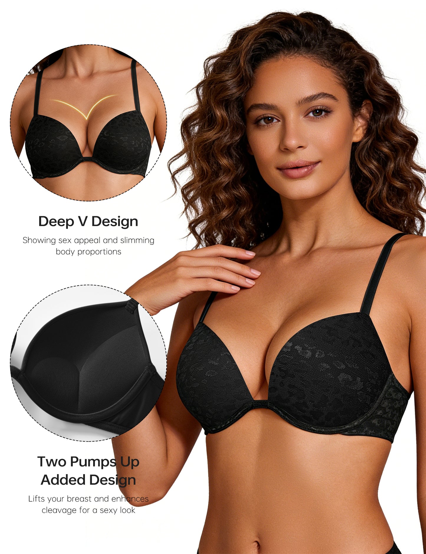 Wingslove Womens Push-up Bra Deep V Plunge Underwire T-Shirt Bra, Black Leopard