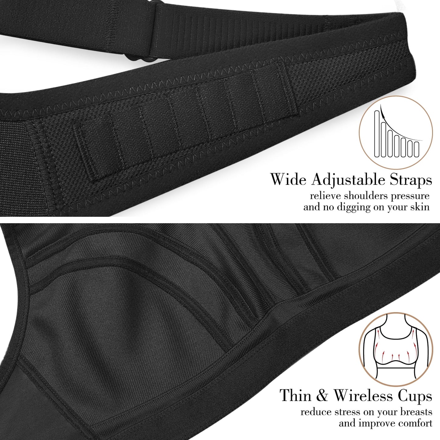 Wingslove Women's Non Padded Wireless Plus Size High Impact Sports Bra, Black